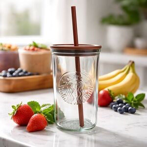 Starbucks 100% Recycled Clear Glass Tumbler with Brown Lid and Straw